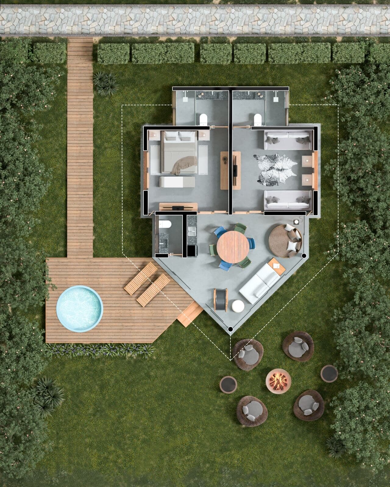Planta do bangalo: duas suites, estar integrado, deck com hidromassagem e piscina privativa